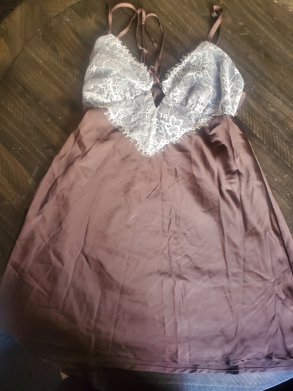 wild fable Brown Satin Slip Dress with Cream Lace Bodice Detail
